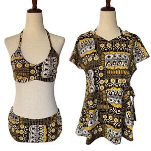 Vintage 60s 70s Lady Manhattan Print Bikini and Coverup 3 piece Set Small